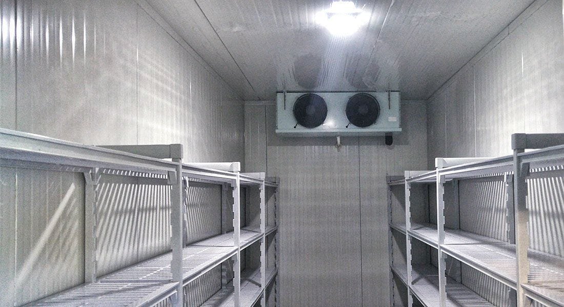 Cold room with shelving systems and a cooling unit