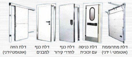 סוגי דלתות לחדרי קירור: דלת הזזה (אוטומטית או ידנית), דלת כנף למבנים, דלת כנף לחדרי קירור, דלת כניסה עם זכוכית ודלת מתרוממת (אוטומטית או ידנית)